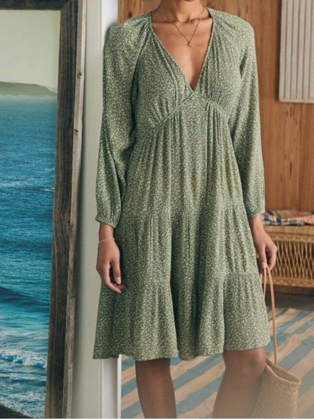 Faherty Sirene Tiered Long Sleeve Dress Riverton Ditsy Floral Green Boho Large